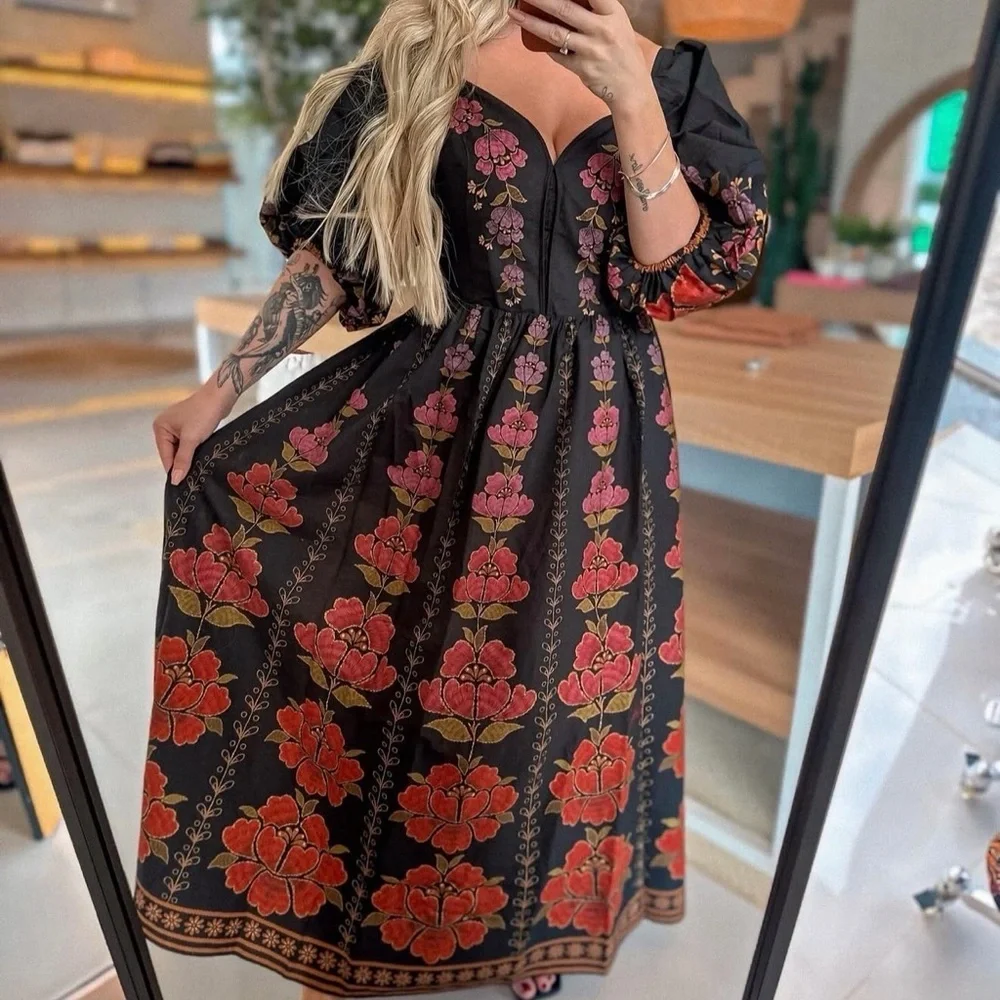 FARM Rio Black and Red Floral Long Dress Size S